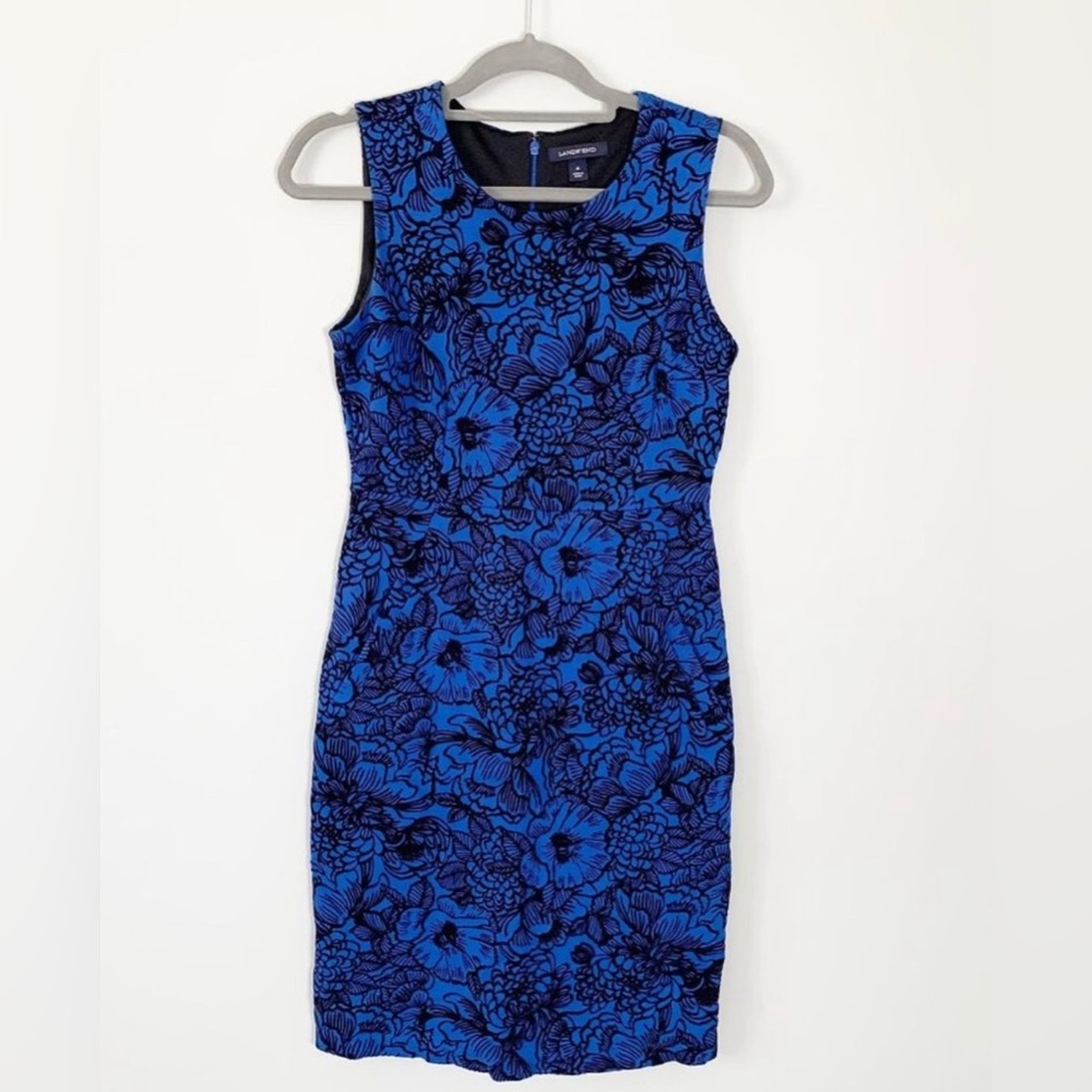 LANDS END! blue black velvet floral detail sleeveless STRETCH knee length dress